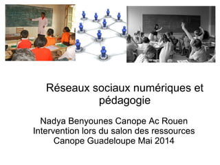 Réseaux sociaux numériques et 
pédagogie 
Nadya Benyounes Canope Ac Rouen 
Intervention lors du salon des ressources 
Canope Guadeloupe Mai 2014 
 