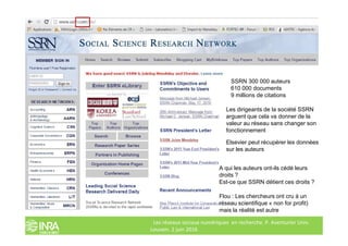 Les dirigeants de la société SSRN
arguent que cela va donner de la
valeur au réseau sans changer son
SSRN 300 000 auteurs
...