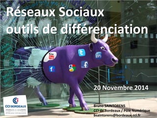 Réseaux Sociaux outils de différenciation 
20 Novembre 2014 
Bruno SAINTORENS CCI de Bordeaux / Pôle Numérique bsaintorens@bordeaux.cci.fr  