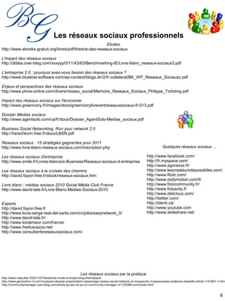 6
Les réseaux sociaux professionnels
Etudes
http://www.ebooks-gratuit.org/livres/pdf/theorie-des-reseaux-sociaux
L'impact des réseaux sociaux
http://ddata.over-blog.com/xxxyyy/0/11/43/63/Benchmarking-IE/Livre-blanc_reseaux-sociaux3.pdf
L'entreprise 2.0 : pourquoi avez-vous besoin des réseaux sociaux ?
http://www.bluekiwi-software.com/wp-content/blogs.dir/2/fr-collateral/BK_WP_Reseaux_Sociauxz.pdf
Enjeux et perspectives des réseaux sociaux
http://www.phive-online.com/divers/reseau_social/Memoire_Reseaux_Sociaux_Philippe_Torloting.pdf
Impact des réseaux sociaux sur l'économie
http://www.greenivory.fr/images/docs/greenivorylivrevertreseauxsociaux-fr-013.pdf
Dossier Médias sociaux
http://www.agentsolo.com/ca/fr/docs/Dossier_AgentSolo-Medias_sociaux.pdf
Business Social Networking. Run your network 2.0
http://herschkorn.free.fr/docs/LBSN.pdf
Reseaux sociaux : 15 stratégies gagnantes pour 2011
http://www.livre-blanc-reseaux-sociaux.com/inscription.php
Les réseaux sociaux d'entreprise
http://www.smile.fr/Livres-blancs/e-Business/Reseaux-sociaux-d-entreprise
Les réseaux sociaux à la croisée des chemins
http://david.fayon.free.fr/stock/reseaux-sociaux.htm
Livre blanc : médias sociaux 2010 Social Média Club France
http://www.david-tate.fr/Livre-Blanc-Medias-Sociaux-2010
Experts
http://david.fayon.free.fr
http://www.louis-serge-real-del-sarte.com/cv/jobs/easynetwork_0/
http://www.david-tate.fr/
http://www.loiclemeur.com/france/
http://www.fredcavazza.net/
http://www.consultantsreseauxsociaux.com/
Les réseaux sociaux par la pratique
http://www.netpublic.fr/2011/01/facebook-mode-d-emploi-blog-thematique/
http://www.generation-nt.com/myspace-dossier-presentation-reseautage-reseau-social-network-im-myspacetv-myspacenews-anderson-dewolfe-article-1141801-1.html
http://communitymanager.over-blog.com/article-qu-est-ce-qu-un-community-manager--41120386-comments.html
Quelques réseaux sociaux ...
http://www.facebook.com/
http://fr.myspace.com/
http://www.agoravox.fr/
http://www.lescreateursdepossibles.com/
http://www.flickr.com/
http://www.dailymotion.com/fr
http://www.fotocommunity.fr/
http://www.fotoscity.fr
http://www.delicious.com/
http://twitter.com/
http://identi.ca/
http://www.youtube.com
http://www.slideshare.net/
 