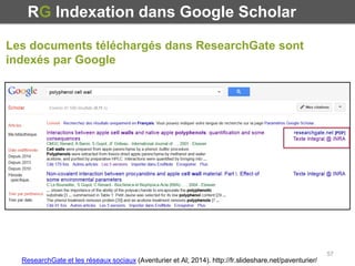 57
RG Indexation dans Google Scholar
Les documents téléchargés dans ResearchGate sont
indexés par Google
ResearchGate et l...