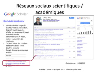 Réseaux sociaux scientifiques /
académiques
http://scholar.google.com/
• permet de créer un profil
d'auteur lié à sa produ...