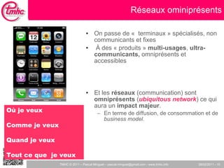 On passe de «  terminaux » spécialisés, non communicants et fixes À des « produits »  multi-usages ,  ultra-communicants,  omniprésents et accessibles  Et les  réseaux  (communication) sont  omniprésents  ( ubiquitous network ) ce qui aura un  impact majeur .  En terme de diffusion, de consommation et de  business model.   Réseaux ominiprésents Où je veux Comme je veux Quand je veux Tout ce que  je veux 