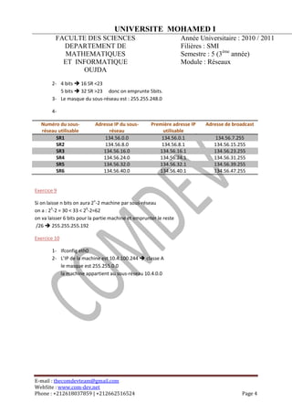 UNIVERSITE MOHAMED I
         FACULTE DES SCIENCES                                       Année Universitaire : 2010 / 2011
           DEPARTEMENT DE                                           Filières : SMI
           MATHEMATIQUES                                            Semestre : 5 (3ème année)
           ET INFORMATIQUE                                          Module : Réseaux
                OUJDA
        2- 4 bits  16 SR <23
           5 bits  32 SR >23 donc on emprunte 5bits.
        3- Le masque du sous-réseau est : 255.255.248.0

        4-

  Numéro du sous-           Adresse IP du sous-       Première adresse IP   Adresse de broadcast
  réseau utilisable               réseau                   utilisable
        SR1                     134.56.0.0                134.56.0.1           134.56.7.255
        SR2                     134.56.8.0                134.56.8.1           134.56.15.255
        SR3                    134.56.16.0               134.56.16.1           134.56.23.255
        SR4                    134.56.24.0               134.56.24.1           134.56.31.255
        SR5                    134.56.32.0               134.56.32.1           134.56.39.255
        SR6                    134.56.40.0               134.56.40.1           134.56.47.255


Exercice 9

Si on laisse n bits on aura 2n-2 machine par sous-réseau
on a : 25-2 = 30 < 33 < 26-2=62
on va laisser 6 bits pour la partie machine et emprunter le reste
/26  255.255.255.192

Exercice 10

        1- Ifconfig eth0
        2- L’IP de la machine est 10.4.100.244  classe A
           le masque est 255.255.0.0
           la machine appartient au sous-réseau 10.4.0.0




E-mail : thecomdevteam@gmail.com
WebSite : www.com-dev.net
Phone : +212618037859 | +212662516524                                                      Page 4
 