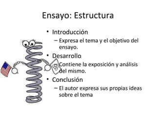 Ensayo: Estructura
 • Introducción
   – Expresa el tema y el objetivo del
     ensayo.
 • Desarrollo
   – Contiene la exposición y análisis
     del mismo.
 • Conclusión
   – El autor expresa sus propias ideas
     sobre el tema
 