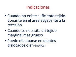 Indicaciones
• Cuando no existe suficiente tejido
donante en el área adyacente a la
recesión
• Cuando se necesita un tejido
marginal mas grueso
• Puede efectuarse en dientes
dislocados o en GRUPOS

 