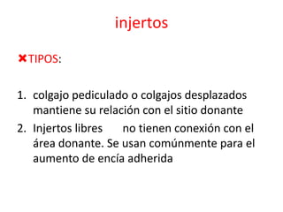 injertos
TIPOS:
1. colgajo pediculado o colgajos desplazados
mantiene su relación con el sitio donante
2. Injertos libres
no tienen conexión con el
área donante. Se usan comúnmente para el
aumento de encía adherida

 