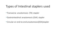 Types of Intestinal staplers used
•Transverse anastomosis (TA) stapler
•Gastrointestinal anastomosis (GIA) stapler
•Circular or end-to-end anastomosis(EEA)stapler
 