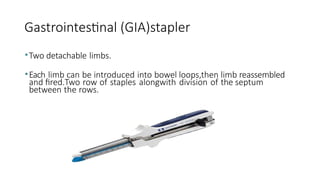 Gastrointestinal (GIA)stapler
•Two detachable limbs.
•Each limb can be introduced into bowel loops,then limb reassembled
and fired.Two row of staples alongwith division of the septum
between the rows.
 