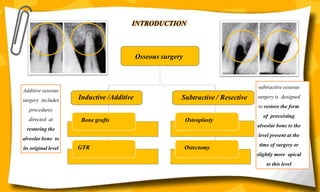 Osseous surgery
Inductive /Additive Subtractive / Resective
Bone grafts
GTR
Osteoplasty
Ostectomy
INTRODUCTION
Additive osseous
surgery includes
procedures
directed at
restoring the
alveolar bone to
its original level
subtractive osseous
surgery is designed
to restore the form
of preexisting
alveolar bone to the
level present at the
time of surgery or
slightly more apical
to this level
 