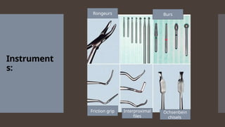 Instrument
s:
Rongeurs
Interproximal
files
Ochsenbein
chisels
Friction grip
Burs
 