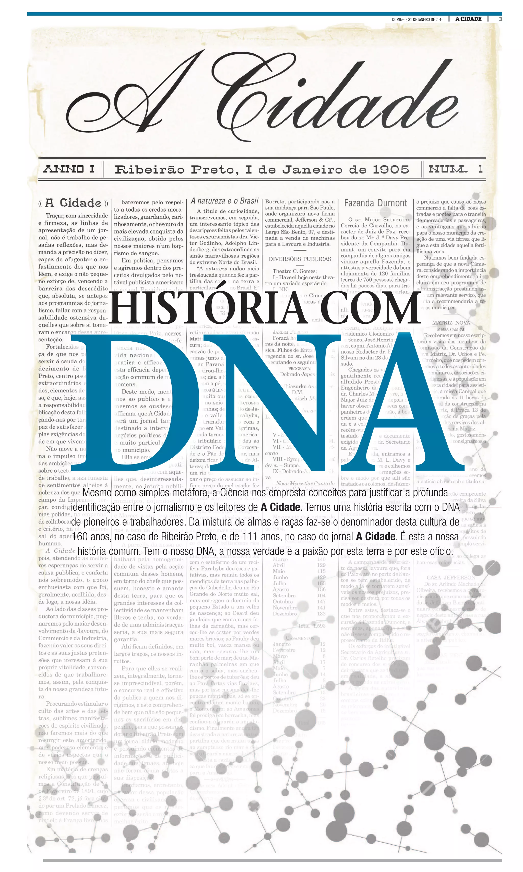 3A CIDADEDOMINGO, 31 DE JANEIRO DE 2016
DNAMesmo como simples metáfora, a Ciência nos empresta conceitos para justificar a profunda
identificação entre o jornalismo e os leitores de A Cidade. Temos uma história escrita com o DNA
de pioneiros e trabalhadores. Da mistura de almas e raças faz-se o denominador desta cultura de
160 anos, no caso de Ribeirão Preto, e de 111 anos, no caso do jornal A Cidade. É esta a nossa
história comum. Tem o nosso DNA, a nossa verdade e a paixão por esta terra e por este ofício.
DNA
HISTÓRIA COM
 