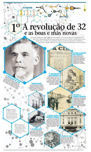 10 A CIDADE DOMINGO, 31 DE JANEIRO DE 2016
1 1 1anos
A CIDADE
Entre as novidades, uma festa do jornal e seus leitores, na escolha do nome do Theatro Pedro II;
além disso, chega Maria Célia, primeira cronista feminina do A Cidade, com uma coluna sobre
moda. Entre os conflitos, a revolução de 1924, que provocou transtornos em Ribeirão.
Além disso, quando a Bolsa de NY quebrou, muitos acharam que era o fim do mundo.
e as boas e más novas
1º A revolução de 32
A REVOLUÇÃO DE 193O
O presidente Washinton Luiz é deposto, Júlio
Prestes não assume e Getúlio Vargas começa
um longo período de dominação política, que vai
desaguar numa das ditaduras mais longas de
todos os tempos, mas também em um governo
forte, que durará até o suicídio dele, em 1954
EM 1924,A GUERRA
DOS TENENTES
O general Isidoro Dias Lopes
comanda em São Paulo uma
revolta militar. São interrompidas
as comunicações telegráficas e
o tráfego de trens entre a capital
e Ribeirão Preto. A Câmara
de Ribeirão tabela os gêneros
alimentícios de 1ª necessidade.
EM 1927,A
GRANDE ENCHENTE
A Cidade cobre o transbordamento
do ribeirão Preto, que inunda toda
a região da Baixada. A Jerônimo
Gonçalves, a General Osório e
a Caramuru viram rios. Muitos
precisam usar barco para se
locomover. O problema perduraria
por mais 80 anos naquela região.
1ª MULHER EM
NOVO FORMATO
O jornal cresce. Vai de 36 cm x
50 cm, para 45cm x 62 cm, em
1925. É seu maior formato. Passa
a publicar a primeira colunista
feminina, Maria Célia, que assina a
“Chronica da Moda”, e a primeira
coluna social, “Elegâncias”
assinada por Eurico Ribas.
A CIDADE AJUDA A
BATIZAR O PEDRÃO
Em 1928, o jornal lança uma
campanha que fica na história. Dá
cupons aos leitores para a escolha
o nome do novo teatro que está em
construção. A proposta “Theatro
Pedro II” ganha com folga (6.180
votos, entre um total de dez mil).
O teatro é inaugurado em 1930.
EMPASTELADOS
Uma onda popular toma a Prefeitura e
saqueia a sede do jornal. A Cidade é
empastelada e a coleção de 25 anos é
queimada. Impedida de circular, volta um
mês depois com um novo cabeçalho- A
Cidade,folha diária independente.
JÁ TEMOS AVIÃO
Em 1934, A Cidade noticia a
inauguração da linha aérea São
Paulo-Ribeirão Preto: “Procedente
de S. Paulo, chegou hontem, as 10
horas, o avião bi-motor Monospar,
com 2 motores de 75 H.P...”
A CRISE DE 1929
A Cidade publica dois telegramas.
O primeiro com o título “Mais uma
corrida na Bolsa de Nova York. O
segundo: “O mercado experimenta o
pior dia da história”. Era o “crash”,
ruína do café e da economia.
Em 27 de setembro de
1932, A Cidade noticia:
“Tropas federais invadem
e ocupam Ribeirão Preto”.
São Paulo perde a luta,
mas ganha a Constuituição
dois anos depois.
Primeira manchete do
A Cidade abordando a
Revolução de 1932 “A
Lucta pela redempção do
Brasil – São Paulo, unido,
marcha para a guerra. E
Ribeirão Preto arregimen-
ta-se para a peleja”.
FOTOS ARQUIVO
 