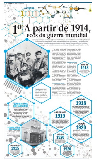 8 A CIDADE DOMINGO, 31 DE JANEIRO DE 2016
1 1 1anos
A CIDADE
Numa época em que não havia rádio e nem televisão, as cenas da Primeira Guerra Mundial foram
acompanhadas, em Ribeirão Preto, diretamente das telas dos cinemas. ‘Cinejornais’ com
imagens feitas nos campos de batalha atraíam grandes plateias. Ribeirão Preto, que
chegou a ter seis salas de cinema nesta época, não perdeu esta dramática novela
ecos da guerra mundial
1º A partir de 1914,
NAS TRINCHEIRAS EM 1914
Homens posicionados à espera do inimigo
tinham, muito perto, outros vilões dos campos de
batalha: sofriam infestações de piolhos e outras
doenças provocadas pela falta de higiene e pelo
estresse das lutas e da falta de boa alimentação.
QUARTETO MAIS
QUE FANTÁSTICO
1916: dirigido pelo “esportista”
Antonio Prado Junior, chega
a Ribeirão Preto o primeiro
automóvel a percorrer o trajeto
desde São Paulo. No carro,
Washington Luiz, Álvaro de Souza
Queiroz e Martinho da Silva Prado.
O grupo segue até Batatais.
A CIDADE NA RUA
SÃO SEBASTIÃO
Em 1916, A Cidade transfere
suas oficinas, redação e escritório
para a rua São Sebastião, antigo
57, hoje 610, onde permanece há
100 anos.A mudança foi feita no
dia 19 de maio.
MÁQUINA NOVA
1920O Jornal A Cidade adquire
uma impressora Marinoni,
com capacidade para quatro
páginas, ainda no formato
Germânia.
VISITA REAL
1920Sem avisar, o rei Alberto I, da
Bélgica, visita Ribeirão Preto e
pega as autoridades de surpresa.
Vai tomar chope e ver futebol.
EPIDEMIA
1918Auge da gripe espanhola: em São Paulo,
no mês de outubro, são oito mil mortes
em apenas quatro dias. No Brasil, morrem
300 mil pessoas. No mundo, o total de
vítimas fatais da epidemia chega a 20
milhões de pessoas. Ribeirão
Preto também tem casos
de gripe espanhola.
O REI DA NOITE
1919Morre o diretor e programador cultural
Francisco Cassoulet, responsável por uma
rede de casas de diversão, cinemas e
cassinos e também pela programação de
shows do Theatro Carlos Gomes. Depois
de uma fase de ouro, ele morre
na miséria, sozinho
e sem amigos.
FUNDAÇÃO
1920A Cidade publica o artigo “Uma data
bastante preciosa - o cinquentenário
de Ribeirão Preto”. A referência para a
comemoração é o decreto de 2 de abril
de 1871, que elevou o então distrito
de São Simão a categoria de município.
Ao final, prevalece o 19 de
junho de 1856
FLAGELO DA SECA
1915Nordeste brasileiro enfrenta
a maior seca de sua história.
Relatos dão origem ao livro
“O Quinze”, de Rachel
de Queiroz.
No mesmo ano em que
é inaugurado o canal do
Panamá, um atentado em
Saravejo dá início ao pri-
meiro conflito mundial do
século 20. O jornal A Cida-
de acompanha tudo e noti-
cia os principais fatos.
Se é uma guerra aparen-
temente distante, e sem re-
flexos imediatos na região
de Ribeirão Preto e no Bra-
sil, é a partir dela que se
sucederão episódios e mu-
danças no cenário mun-
dial.
A ameaça da fome se
concretiza em alguns paí-
ses e aumenta a necessida-
de de imigração.
Entre os destinos esco-
lhidos pelos imigrantes es-
tá a América. E também o
Brasil, que, até 1917, ficará
neutro no conflito.
Três brasileiros mortos
A neutralidade, porém,
acaba, quando um subma-
rino alemão ataca um na-
vio brasileiro. Três brasilei-
ros são mortos. Em maio,
outro navio brasileiro é tor-
pedeado.
O Brasil declara guerra
à Alemanha e ao Império
Austro-Húngaro em junho
de 1917. Porém, não en-
via soldados para os cam-
pos de batalha na Europa.
Participa mandando medi-
camentos e equipes para
ajudar os feridos do Reino
Unido, França, Rússia e Es-
tados Unidos.
Em Ribeirão Preto
Após o Brasil
declarar guerra
à Alemanha, po-
pulares saem em
passeata da pra-
ça XV e invadem
e depredam di-
versos estabele-
cimentos comer-
ciais e industriais
cujos donos eram imi-
grantes alemães.
As hostilidades contra
os alemães em Ribeirão
Preto prosseguem por al-
gum tempo. Muitos deles
se mudam de cidade para
evitar novos problemas.
Se a guerra trouxe pre-
juízos, gerou também mu-
danças na economia. Pa-
ra alguns, o Brasil se be-
neficiou com o avanço da
industrialização e exporta-
ções agrícolas.
ENFIM, PAZ
1918A Primeira Guerra Mundial
termina com a vitória da Tríplice
Entente e a ajuda dos
Estados Unidos.
‘Três brasileiros morre-
ram na Primeira Guerra
Mundial. Mas eles não
estavam no campo de
batalha. Estavam no na-
vio atacado por alemães’
FOTOS ARQUIVO
 