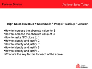 Achieve Sales Target <ul><li>High Sales Revenue = S ales /C alls  * P eople  * B ackup  * L ocation </li></ul><ul><li>How ...