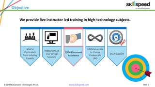 Slide 2© 2015 BlueCamphor Technologies (P) Ltd. www.skillspeed.com
Objective
Course
Curriculum
from Industry
Experts
Instructor Led
Live Virtual
Sessions
Lifetime access
to Course
Content via
LMS
100% Placement
Assistance
24x7 Support
We provide live instructor led training in high-technology subjects.
 