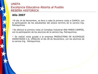 Año 2007 El día 14 de Noviembre, se llevo a cabo la primera visita a CIAMCA, con la participación de los estudiantes del octavo termino de la carrera Ing. Petroquímica. Se efectuó la primera visita al Complejo Industrial ANA MARIA CAMPOS, con la participación de los alumnos de la carrera Ing. Petroquímica. Se realizó visita guiada a la empresa PRODUCTORA DE ALCOHOLES HIDRATADOS C.A. (PRALCA) el día 28 de Noviembre, con los alumnos de la carrera Ing.  Petroquímica. 