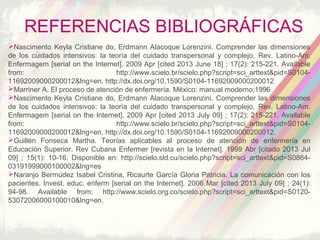 REFERENCIAS BIBLIOGRÁFICAS
Nascimento Keyla Cristiane do, Erdmann Alacoque Lorenzini. Comprender las dimensiones
de los cuidados intensivos: la teoría del cuidado transpersonal y complejo. Rev. Latino-Am.
Enfermagem [serial on the Internet]. 2009 Apr [cited 2013 June 18] ; 17(2): 215-221. Available
from: http://www.scielo.br/scielo.php?script=sci_arttext&pid=S0104-
11692009000200012&lng=en. http://dx.doi.org/10.1590/S0104-11692009000200012
Marriner A. El proceso de atención de enfermería. México: manual moderno;1996
Nascimento Keyla Cristiane do, Erdmann Alacoque Lorenzini. Comprender las dimensiones
de los cuidados intensivos: la teoría del cuidado transpersonal y complejo. Rev. Latino-Am.
Enfermagem [serial on the Internet]. 2009 Apr [cited 2013 July 09] ; 17(2): 215-221. Available
from: http://www.scielo.br/scielo.php?script=sci_arttext&pid=S0104-
11692009000200012&lng=en. http://dx.doi.org/10.1590/S0104-11692009000200012.
Guillén Fonseca Martha. Teorías aplicables al proceso de atención de enfermería en
Educación Superior. Rev Cubana Enfermer [revista en la Internet]. 1999 Abr [citado 2013 Jul
09] ; 15(1): 10-16. Disponible en: http://scielo.sld.cu/scielo.php?script=sci_arttext&pid=S0864-
03191999000100002&lng=es
Naranjo Bermúdez Isabel Cristina, Ricaurte García Gloria Patricia. La comunicación con los
pacientes. Invest. educ. enferm [serial on the Internet]. 2006 Mar [cited 2013 July 09] ; 24(1):
94-98. Available from: http://www.scielo.org.co/scielo.php?script=sci_arttext&pid=S0120-
53072006000100010&lng=en.
 