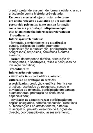 o autor pretende assumir, de forma a evidenciar sua
articulação com a história pré-relatada.
Embora o memorial seja caracterizado como
um relato reflexivo e avaliativo de um caminho
percorrido pelo autor, tanto em sua formação
como em sua profissão, é indispensável que
esse relato contenha informações referentes a:
Procedimentos
Informações referentes à:
- formação, aperfeiçoamento e atualização:
cursos, estágios de aperfeiçoamento,
especialização e atualização, participação em
congressos, simpósios, seminários e outros
eventos;
- ensino: desempenho didático, orientação de
monografias, dissertações, teses e pesquisas de
iniciação científica;
Procedimentos
Informações referentes à:
- atividades técnico-científicas, artístico
culturais e de prestação de serviços
especializados: produção científica, técnica ou
artística, resultados de pesquisas, cursos e
atividades de extensão, participação em bancas
examinadoras, prestação de consultoria
especializada;
- atividades de administração: participação em
órgãos colegiados, comitês executivos, científicos
ou tecnológicos no âmbito federal, estadual,
municipal ou privado, exercício de funções de
direção, coordenação e/ou assessoramento.

 