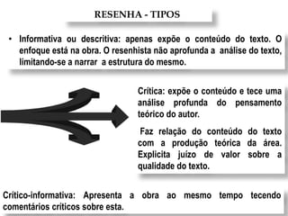 RESENHA - TIPOS 
• Informativa ou descritiva: apenas expõe o conteúdo do texto. O 
enfoque está na obra. O resenhista não aprofunda a análise do texto, 
limitando-se a narrar a estrutura do mesmo. 
Crítica: expõe o conteúdo e tece uma 
análise profunda do pensamento 
teórico do autor. 
Faz relação do conteúdo do texto 
com a produção teórica da área. 
Explicita juízo de valor sobre a 
qualidade do texto. 
Crítico-informativa: Apresenta a obra ao mesmo tempo tecendo 
comentários críticos sobre esta. 
 