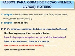 1° parágrafo: cabeçalho (Informações técnicas da obra: Título, autor ou diretor, 
editora, cidade, duração p/ filme ); 
2° parágrafo- resumo da obra: 
3°, 4°, 5°... parágrafos- analisando: (Cada item em um parágrafo diferente) 
• Identificar os pontos positivos e negativos da obra; 
• Como é a linguagem empregada e que tipo de público deseja atingir? 
• Quais os pontos que mais chamaram sua atenção; quê? 
• Qual o contexto histórico e social abordado; mesmo autor); 
• Quais as mensagens subliminares; 
 