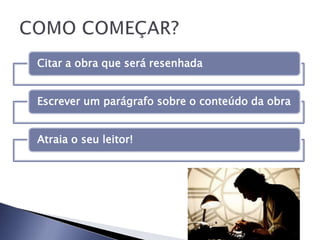 Citar a obra que será resenhada
Escrever um parágrafo sobre o conteúdo da obra
Atraia o seu leitor!
 