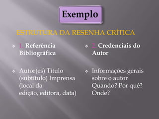 ESTRUTURA DA RESENHA CRÍTICA




1. Referência
Bibliográfica

Autor(es) Título
(subtítulo) Imprensa
(local da
edição, editora, data)





2. Credenciais do
Autor

Informações gerais
sobre o autor
Quando? Por quê?
Onde?

 