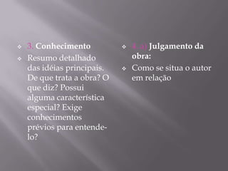 


3. Conhecimento
Resumo detalhado
das idéias principais.
De que trata a obra? O
que diz? Possui
alguma característica
especial? Exige
conhecimentos
prévios para entendelo?





4. a) Julgamento da
obra:
Como se situa o autor
em relação

 