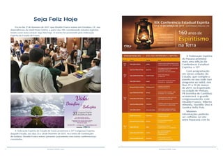 8 9RESENHA ESPÍRITA online RESENHA ESPÍRITA online
A Federação Espírita do Estado de Goiás promoverá o 33º Congresso Espírita
daquele Estado, nos dias 25 a 28 de fevereiro de 2017, no Centro de Convenções
de Goiânia. Divaldo Franco estará presente, juntamente com outros conferencistas
convidados.
Foi no dia 17 de fevereiro de 2017, que Divaldo Franco esteve em Fortaleza, CE, nas
dependências do Hotel Praia Centro, a partir das 19h, coordenando estudos espíritas
tendo como tema central: Seja feliz hoje. O evento foi promovido pela Federação
Espírita do Estado do Ceará.
Seja Feliz Hoje
A Federação Espírita
do Paraná promove
mais uma edição da
Conferência Estadual
Espírita, a 19ª.
Com programação
em várias cidades do
Estado, que compõe o
evento no seu todo (ver
programa ao lado), nos
dias 17 a 19 de março
de 2017, no Expotrade,
na cidade de Pinhais,
PR (vizinha de Curitiba),
acontecerá o grande
congrassamento, com
Divaldo Franco, Alberto
Almeida, Haroldo Dias e
Sandra Della Pola.
Maiores
informações poderão
ser colhidas no site
www.feparana.com.br.
 