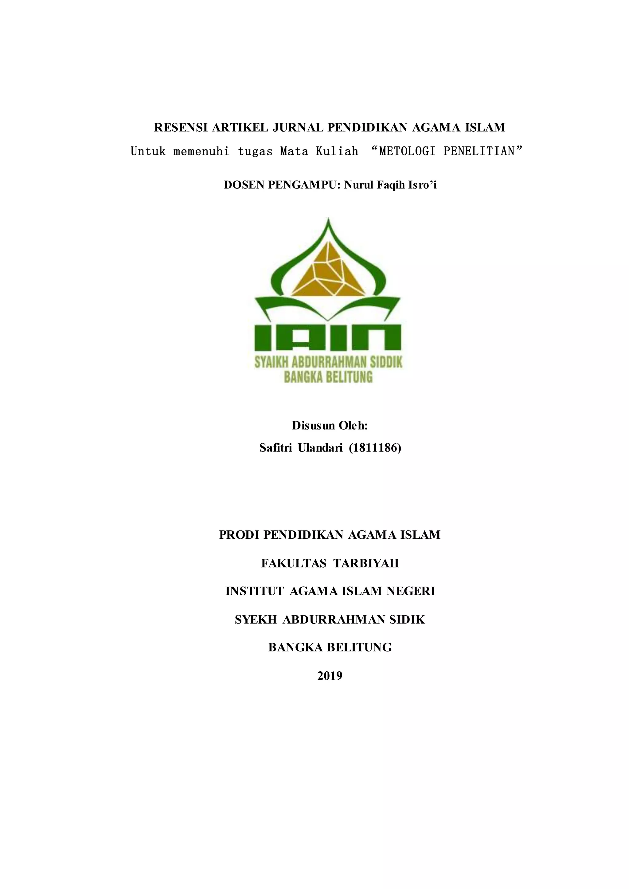 Resensi artikel jurnal pendidikan agama islam safitri ulandari 1 | PDF