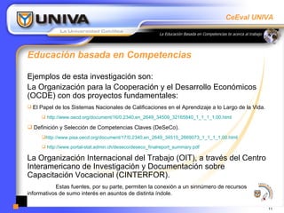 Educación basada en Competencias  Ejemplos de esta investigación son: La Organización para la Cooperación y el Desarrollo Económicos (OCDE) con dos proyectos fundamentales: El Papel de los Sistemas Nacionales de Calificaciones en el Aprendizaje a lo Largo de la Vida. http://www.oecd.org/document/16/0,2340,en_2649_34509_32165840_1_1_1_1,00.html Definición y Selección de Competencias Claves (DeSeCo). http://www.pisa.oecd.org/document/17/0,2340,en_2649_34515_2669073_1_1_1_1,00.html http://www.portal-stat.admin.ch/deseco/deseco_finalreport_summary.pdf La Organización Internacional del Trabajo (OIT), a través del Centro Interamericano de Investigación y Documentación sobre Capacitación Vocacional (CINTERFOR). Estas fuentes, por su parte, permiten la conexión a un sinnúmero de recursos informativos de sumo interés en asuntos de distinta índole. 
