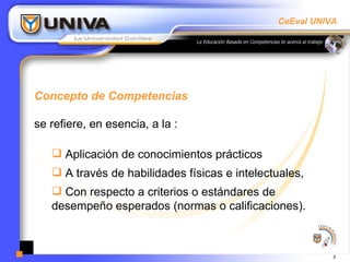 Concepto de Competencias se refiere, en esencia, a la : Aplicación de conocimientos prácticos  A través de habilidades físicas e intelectuales,  Con respecto a criterios o estándares de desempeño esperados (normas o calificaciones).  