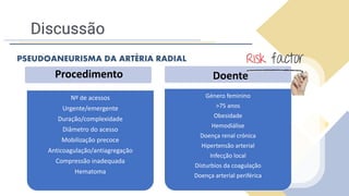 Discussão
PSEUDOANEURISMA DA ARTÉRIA RADIAL
Nº de acessos
Urgente/emergente
Duração/complexidade
Diâmetro do acesso
Mobilização precoce
Anticoagulação/antiagregação
Compressão inadequada
Hematoma
Género feminino
>75 anos
Obesidade
Hemodiálise
Doença renal crónica
Hipertensão arterial
Infecção local
Disturbios da coagulação
Doença arterial periférica
Procedimento Doente
 