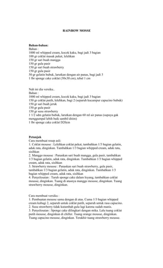 RAINBOW MOSSE



Bahan-bahan:
Bahan :
1000 ml whipped cream, kocok kaku, bagi jadi 3 bagian
100 gr coklat masak pekat, lelehkan
150 gr sari buah mangga
150 gr gula pasir
150 gr sari buah strawberry
150 gr gula pasir
50 gr gelatin bubuk, larutkan dengan air panas, bagi jadi 3
1 lbr sponge cake coklat (30x30 cm), tebal 1 cm


Nah ini dia versiku..
Bahan :
1000 ml whipped cream, kocok kaku, bagi jadi 3 bagian
150 gr coklat putih, lelehkan, bagi 2 (separuh kucampur capucino bubuk)
150 gr sari buah jeruk
150 gr gula pasir
150 gr susu strawberry
1 1/2 sdm gelatin bubuk, larutkan dengan 60 ml air panas (supaya gak
menggumpal lebih baik sambil ditim)
1 lbr sponge cake coklat D20cm



Petunjuk
Cara membuat resep asli:
1. Coklat mousse : Lelehkan coklat pekat, tambahkan 1/3 bagian gelatin,
aduk rata, dinginkan. Tambahkan 1/3 bagian whipped cream, aduk rata,
sisihkan
2. Manggo mousse : Panaskan sari buah mangga, gula pasir, tambahkan
1/3 bagian gelatin, aduk rata, dinginkan. Tambahkan 1/3 bagian whipped
cream, aduk rata, sisihkan
3. Strawberry mousse : Panaskan sari buah strawberry, gula pasir,
tambahkan 1/3 bagian gelatin, aduk rata, dinginkan. Tambahkan 1/3
bagian whipped cream, aduk rata, sisihkan
4. Penyelesaian : Taruh sponge cake dalam loyang, tambahkan coklat
mousse, dinginkan. Tuang di atasnya manggo mousse, dinginkan. Tuang
strawberry mousse, dinginkan.


Cara membuat versiku :
1. Pembuatan mousse sama dengan di atas. Cuma 1/3 bagian whipped
cream kubagi 2, separuh untuk coklat putih, separuh untuk rasa capucino.
2. Susu strawberry tidak kutambah gula lagi karena sudah manis.
3. Penyelesaian : Sponge cake dilingkari dengan mika. Lalu tuang coklat
putih mousse, dinginkan di chiller. Tuang orange mousse, dinginkan.
Tuang capucino mousse, dinginkan. Terakhir tuang strawberry mousse.
 