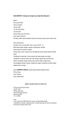 KUE SEMPRIT ( Recipe by Yangti-nya mbak Ria Heliyanti )


Bahan :
250 gr gula halus
150 gr margarin
150 gr butter
1/2 sdt vanili bubuk
4 kuning telur
500 gr terigu (cap Kunci Biru)
50 gr tepung maizena
50-100 gr kismis atau chocolate chips atau kacang cincang untuk centre kukis


Cara membuatnya :
Panaskan oven, kurang lebih 160 C ( saya 140 der C )
Olesi loyang datar dengan margarin secukupnya, sisihkan.
Ayak terigu dan maizena, sisihkan.
Campur gula, vanili, margarin dan mentega lalu kocok sampai adonan terlihat
pucat.
Tambahkan kuning telur, kocok sampai rata saja dengan low speed.
Tambahkan campuran terigu dan aduk dengan spatula atau sendok kayu.
Hindari mengaduk dengan tangan agar adonan tidak menjadi keras.
Lalu panggang sampai matang. Angkat dan segera masukkan ke dalam toples
setelah kukis ini dingin.


Untuk SEMPRIT COKLAT, bahan tepung dibuat sebagai berikut :
450 gr terigu
50 gr maizena
50 gr coklat bubuk




                       BOLU KUKUS KETAN HITAM

350 gr tepung ketan hitam
5 butir telur
300 gr gula pasir
150 ml minyak goreng
200 ml KARA
1/2 st TBM

Cara:
-telur, gula dan TBM dikocok sampe mengembang/putih
-masukan ke adonan: tepung ketan, minyak goreng, dan Kara, kemudian
kocok lagi sampai betul2 rata.
 