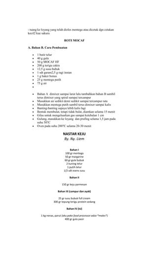 - tuang ke loyang yang telah dioles mentega atau dicetak dgn cetakan
kecil2 kue sakura

                             ROTI MOCAF

A. Bahan B. Cara Pembuatan

       1 butir telur
       40 g gula
       50 g MOCAF HF
       200 g terigu cakra
       12,5 g susu bubuk
       1 sdt garam2,5 g ragi instan
       1 g baker bonus
       25 g mentega putih
       75 g air


       Bahan A dimixer sampai larut lalu tambahkan bahan B sambil
       terus dimixer yang spiral sampai tercampur
       Masukkan air sedikit demi sedikit sampai tercampur rata
       Masukkan mentega putih sambil terus dimixer sampai kalis
       Banting-banting supaya lebih kalis lagi
       Bentuk membulat, tetapi tidak bulat, diamkan selama 15 menit
       Gilas untuk mengeluarkan gas sampai ketebalan 1 cm
       Gulung, masukkan ke loyang dan prufing selama 1,5 jam pada
       suhu 50?C
       Oven pada suhu 200?C selama 20-30 menit

                            NASTAR KEJU
                             By. Ny. Liem

                                  Bahan I
                              100 gr mentega
                              50 gr margarine
                              60 gr gula bubuk
                               2 kuning telur
                                1 putih telur
                             1/2 sdt esens susu

                                 Bahan II

                           150 gr keju parmesan

                        Bahan III (campur dan ayak)

                        25 gr susu bubuk full cream
                    300 gr tepung terigu protein sedang

                               Bahan IV (Isi)

          1 kg nenas, parut (aku pake food processor adza *males*)
                               400 gr gula pasir
 