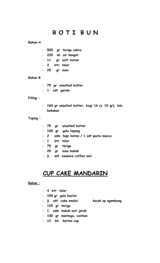 R O T I B U N
Bahan A

            -   500     gr terigu cakra
            -   220     ml air hangat
            -   11     gr saft instan
            -   2     btr telur
            -   25     gr susu

Bahan B

            -   75 gr unsulted butter
            -   1     sdt garam

Filling :

            -   160 gr unsulted butter, bagi 16 (± 10 gr), lalu
                bekukan

Toping :

            -   75     gr   unsulted butter
            -   100 gr      gula tepung
            -   2     sdm kopi instan / 1 sdt pasta mocca
            -   1     btr telur
            -   75     gr   terigu
            -   20     gr   susu bubuk
            -   ½     sdt essence coffee noir




            CUP CAKE MANDARIN
Bahan :

            -   4 btr telur
            -   100 gr gula kastor
            -   ½     sdt cake emulsi           kocok sp ngembang
            -   125 gr terigu
            -   1     sdm bubuk sari jeruk
            -   100 gr mentega, cairkan
            -   12     bh   kertas cup
 