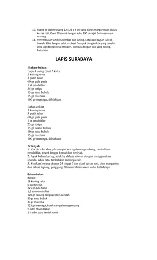 10. Tuang ke dalam loyang 22 x 22 x 4 cm yang dioles margarin dan dialas
       kertas roti. Oven 20 menit dengan suhu 190 derajat Celsius sampai
       matang.
   11. Penyelesaian: ambil selembar kue kuning. Letakkan bagian kulit di
       bawah. Oles dengan selai stroberi. Tumpuk dengan kue yang cokelat.
       Oles lagi dengan selai stroberi. Tumpuk dengan kue yang kuning.
       Padatkan.


                       LAPIS SURABAYA
 Bahan-bahan:
Lapis kuning (buat 2 kali)
5 kuning telur
3 putih telur
60 gr gula pasir
1 st emulsifier
35 gr terigu
15 gr susu bubuk
15 gr maizena
100 gr mentega, dilelehkan

Bahan coklat
5 kuning telur
3 putih telur
60 gr gula pasir
1 st emulsifier
25 gr terigu
15 gr coklat bubuk
10 gr susu bubuk
15 gr maizena
100 gr mentega, dilelehkan

Petunjuk
1. Kocok telur dan gula sampai setengah mengembang, tambahkan
emulsifier, kocok hingga kental dan berjejak.
2. Ayak bahan kering, aduk ke dalam adonan dengan menggunakan
spatula, aduk rata, tambahkan mentega cair.
3. Siapkan loyang ukuran 24 tinggi 3 cm, alasi kertas roti, olesi margarine
dan taburi tepung, panggang 20 menit dalam oven suhu 160 derajat

Bahan-bahan:
Bahan :
18 kuning telur
6 putih telur
225 gr gula halus
1,5 sdm emulsifier
120 gr Tepung terigu protein rendah
30 gr susu bubuk
23 gr maizena
225 gr mentega, kocok sampai mengembang
½ sdm Rhum Bakar
1 ½ sdm susu kental manis
 