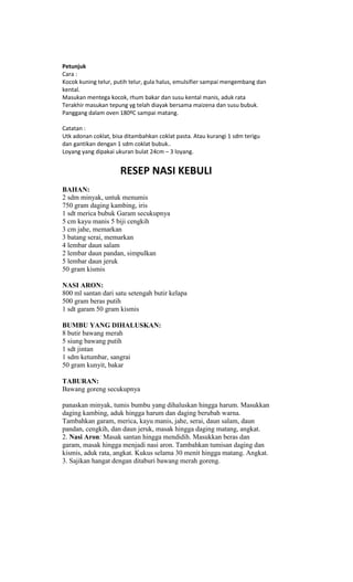 Petunjuk
Cara :
Kocok kuning telur, putih telur, gula halus, emulsifier sampai mengembang dan
kental.
Masukan mentega kocok, rhum bakar dan susu kental manis, aduk rata
Terakhir masukan tepung yg telah diayak bersama maizena dan susu bubuk.
Panggang dalam oven 180ºC sampai matang.

Catatan :
Utk adonan coklat, bisa ditambahkan coklat pasta. Atau kurangi 1 sdm terigu
dan gantikan dengan 1 sdm coklat bubuk..
Loyang yang dipakai ukuran bulat 24cm – 3 loyang.


                      RESEP NASI KEBULI
BAHAN:
2 sdm minyak, untuk menumis
750 gram daging kambing, iris
1 sdt merica bubuk Garam secukupnya
5 cm kayu manis 5 biji cengkih
3 cm jahe, memarkan
3 batang serai, memarkan
4 lembar daun salam
2 lembar daun pandan, simpulkan
5 lembar daun jeruk
50 gram kismis

NASI ARON:
800 ml santan dari satu setengah butir kelapa
500 gram beras putih
1 sdt garam 50 gram kismis

BUMBU YANG DIHALUSKAN:
8 butir bawang merah
5 siung bawang putih
1 sdt jintan
1 sdm ketumbar, sangrai
50 gram kunyit, bakar

TABURAN:
Bawang goreng secukupnya

panaskan minyak, tumis bumbu yang dihaluskan hingga harum. Masukkan
daging kambing, aduk hingga harum dan daging berubah warna.
Tambahkan garam, merica, kayu manis, jahe, serai, daun salam, daun
pandan, cengkih, dan daun jeruk, masak hingga daging matang, angkat.
2. Nasi Aron: Masak santan hingga mendidih. Masukkan beras dan
garam, masak hingga menjadi nasi aron. Tambahkan tumisan daging dan
kismis, aduk rata, angkat. Kukus selama 30 menit hingga matang. Angkat.
3. Sajikan hangat dengan ditaburi bawang merah goreng.
 