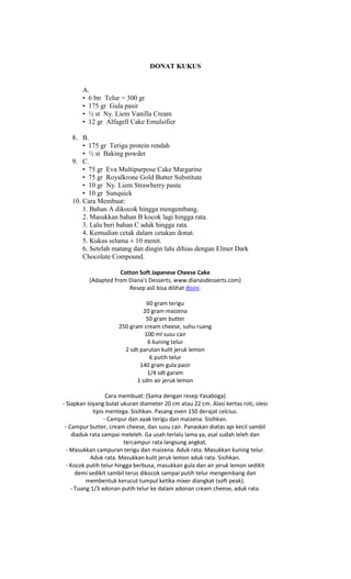 DONAT KUKUS


       A.
       • 6 btr Telur = 300 gr
       • 175 gr Gula pasir
       • ½ st Ny. Liem Vanilla Cream
       • 12 gr Alfagell Cake Emulsifier

   8. B.
       • 175 gr Terigu protein rendah
       • ½ st Baking powder
   9. C.
       • 75 gr Eva Multipurpose Cake Margarine
       • 75 gr Royalkrone Gold Butter Substitute
       • 10 gr Ny. Liem Strawberry pasta
       • 10 gr Sunquick
   10. Cara Membuat:
       1. Bahan A dikocok hingga mengembang.
       2. Masukkan bahan B kocok lagi hingga rata.
       3. Lalu beri bahan C aduk hingga rata.
       4. Kemudian cetak dalam cetakan donat.
       5. Kukus selama ± 10 menit.
       6. Setelah matang dan dingin lalu dihias dengan Elmer Dark
       Chocolate Compound.

                     Cotton Soft Japanese Cheese Cake
          (Adapted from Diana's Desserts, www.dianasdesserts.com)
                        Resep asli bisa dilihat disini.

                                 60 gram terigu
                               20 gram maizena
                                50 gram butter
                      250 gram cream cheese, suhu ruang
                                100 ml susu cair
                                 6 kuning telur
                        2 sdt parutan kulit jeruk lemon
                                  6 putih telur
                              140 gram gula pasir
                                 1/4 sdt garam
                             1 sdm air jeruk lemon

                   Cara membuat: (Sama dengan resep Yasaboga)
- Siapkan loyang bulat ukuran diameter 20 cm atau 22 cm. Alasi kertas roti, olesi
             tipis mentega. Sisihkan. Pasang oven 150 derajat celcius.
                  - Campur dan ayak terigu dan maizena. Sisihkan.
 - Campur butter, cream cheese, dan susu cair. Panaskan diatas api kecil sambil
     diaduk rata sampai meleleh. Ga usah terlalu lama ya, asal sudah leleh dan
                         tercampur rata langsung angkat.
  - Masukkan campuran terigu dan maizena. Aduk rata. Masukkan kuning telur.
            Aduk rata. Masukkan kulit jeruk lemon aduk rata. Sisihkan.
  - Kocok putih telur hingga berbusa, masukkan gula dan air jeruk lemon sedikit
      demi sedikit sambil terus dikocok sampai putih telur mengembang dan
          membentuk kerucut tumpul ketika mixer diangkat (soft peak).
    - Tuang 1/3 adonan putih telur ke dalam adonan cream cheese, aduk rata.
 
