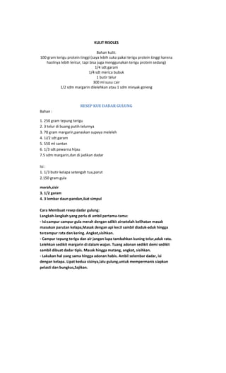 KULIT RISOLES

                                    Bahan kulit:
100 gram terigu protein tinggi (saya lebih suka pakai terigu protein tinggi karena
   hasilnya lebih lentur, tapi bisa juga menggunakan terigu protein sedang)
                                  1/4 sdt garam
                              1/4 sdt merica bubuk
                                   1 butir telur
                                 300 ml susu cair
           1/2 sdm margarin dilelehkan atau 1 sdm minyak goreng



                        RESEP KUE DADAR GULUNG
Bahan :

1. 250 gram tepung terigu
2. 3 telur di buang putih telurnya
3. 70 gram margarin,panaskan supaya meleleh
4. 1i/2 sdt garam
5. 550 ml santan
6. 1/3 sdt pewarna hijau
7.5 sdm margarin,dan di jadikan dadar

Isi :
1. 1/3 butir kelapa setengah tua,parut
2.150 gram gula

merah,sisir
3. 1/2 garam
4. 3 lembar daun pandan,ikat simpul

Cara Membuat resep dadar gulung:
Langkah-langkah yang perlu di ambil pertama-tama:
- Isi:campur campur gula merah dengan sdikit airsetelah kelihatan masak
masukan parutan kelapa,Masak dengan api kecil sambil diaduk-aduk hingga
tercampur rata dan kering. Angkat,sisihkan.
- Campur tepung terigu dan air jangan lupa tambahkan kuning telur,aduk rata.
Lelehkan sedikit margarin di dalam wajan. Tuang adonan sedikit demi sedikit
sambil dibuat dadar tipis. Masak hingga matang, angkat, sisihkan.
- Lakukan hal yang sama hingga adonan habis. Ambil selembar dadar, isi
dengan kelapa. Lipat kedua sisinya,lalu gulung,untuk mempermanis siapkan
pelasti dan bungkus,Sajikan.
 