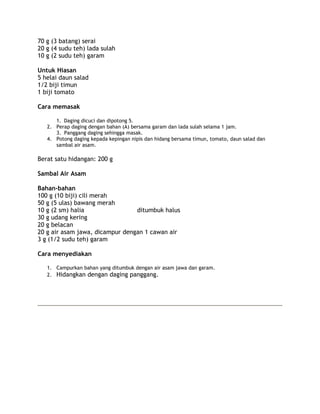 70 g (3 batang) serai
20 g (4 sudu teh) lada sulah
10 g (2 sudu teh) garam

Untuk Hiasan
5 helai daun salad
1/2 biji timun
1 biji tomato

Cara memasak

      1. Daging dicuci dan dipotong 5.
   2. Perap daging dengan bahan (A) bersama garam dan lada sulah selama 1 jam.
      3. Panggang daging sehingga masak.
   4. Potong daging kepada kepingan nipis dan hidang bersama timun, tomato, daun salad dan
      sambal air asam.

Berat satu hidangan: 200 g

Sambal Air Asam

Bahan-bahan
100 g (10 biji) cili merah
50 g (5 ulas) bawang merah
10 g (2 sm) halia                ditumbuk halus
30 g udang kering
20 g belacan
20 g air asam jawa, dicampur dengan 1 cawan air
3 g (1/2 sudu teh) garam

Cara menyediakan

   1. Campurkan bahan yang ditumbuk dengan air asam jawa dan garam.
   2. Hidangkan dengan daging panggang.
 