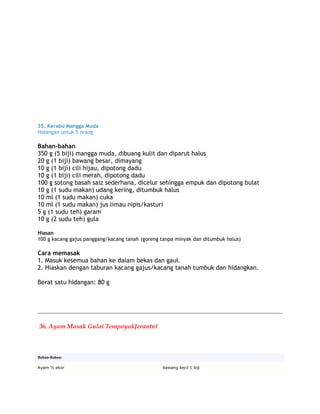 35. Kerabu Mangga Muda
Hidangan untuk 5 orang

Bahan-bahan
350 g (5 biji) mangga muda, dibuang kulit dan diparut halus
20 g (1 biji) bawang besar, dimayang
10 g (1 biji) cili hijau, dipotong dadu
10 g (1 biji) cili merah, dipotong dadu
100 g sotong basah saiz sederhana, dicelur sehingga empuk dan dipotong bulat
10 g (1 sudu makan) udang kering, ditumbuk halus
10 ml (1 sudu makan) cuka
10 ml (1 sudu makan) jus limau nipis/kasturi
5 g (1 sudu teh) garam
10 g (2 sudu teh) gula

Hiasan
100 g kacang gajus panggang/kacang tanah (goreng tanpa minyak dan ditumbuk halus)

Cara memasak
1. Masuk kesemua bahan ke dalam bekas dan gaul.
2. Hiaskan dengan taburan kacang gajus/kacang tanah tumbuk dan hidangkan.

Berat satu hidangan: 80 g




36. Ayam Masak Gulai TempoyakJerantut



Bahan-Bahan:

Ayam ½ ekor                                      bawang kecil 1 biji
 