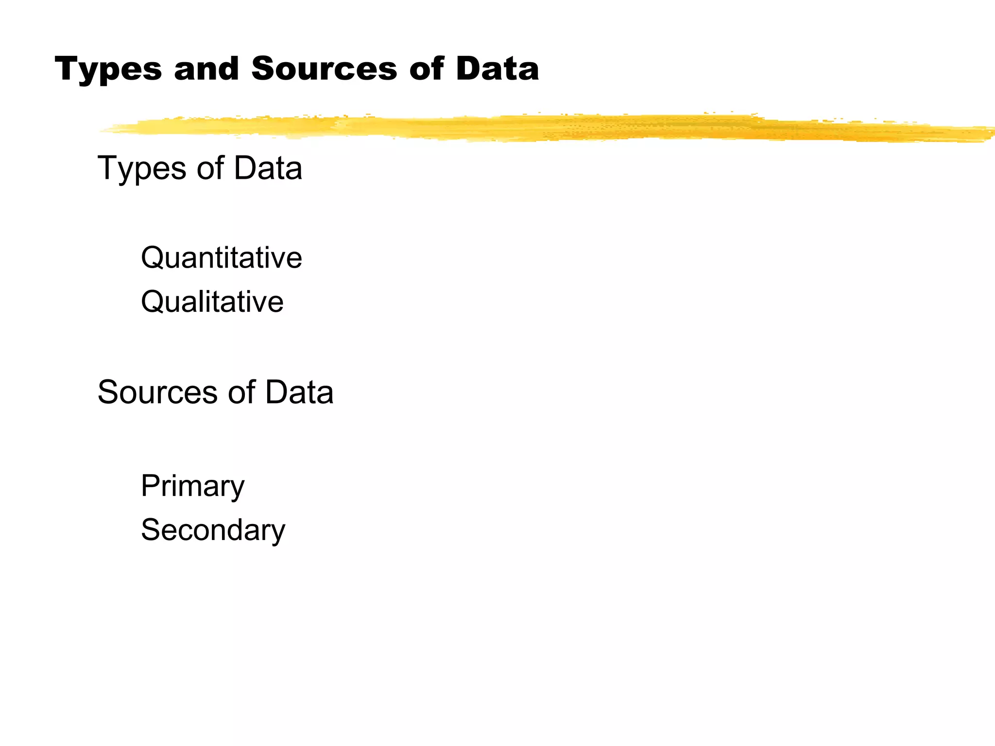 Types and Sources of Data
Types of Data
Quantitative
Qualitative

Sources of Data
Primary
Secondary

 