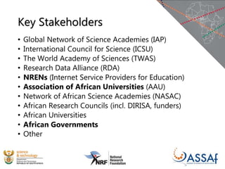 Key Stakeholders
• Global Network of Science Academies (IAP)
• International Council for Science (ICSU)
• The World Academy of Sciences (TWAS)
• Research Data Alliance (RDA)
• NRENs (Internet Service Providers for Education)
• Association of African Universities (AAU)
• Network of African Science Academies (NASAC)
• African Research Councils (incl. DIRISA, funders)
• African Universities
• African Governments
• Other
 
