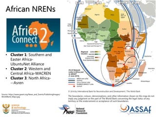 African NRENs
Source: https://www.geant.org/News_and_Events/PublishingImages/
WorldBank_Map2.jpg
• Cluster 1: Southern and
Easter Africa-
UbuntuNet Alliance
• Cluster 2: Western and
Central Africa-WACREN
• Cluster 3: North Africa-
--Asren
 