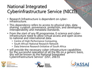 National Integrated
Cyberinfrastructure Service (NICIS)
• Research Infrastructure is dependent on cyber-
infrastructure.
• This dependency refers to access to physical sites, data
sharing, curation, provenance, protection, and developing
interoperability and metadata standards.
• From the start of any RI programme, E-science and cyber-
infrastructure need to allow virtual access and open access
to national and international data.
• Centre of High Performance Computing,
• South African National Research Network
• Data Intensive Research Initiative of South Africa
• will provide the necessary cyber-infrastructure capabilities
for the successful operation of all the RIs on a generic basis,
this will be known as the National Integrated
Cyberinfrastructure Service” (DST, 206:55
 