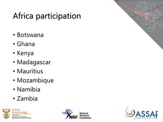 Africa participation
• Botswana
• Ghana
• Kenya
• Madagascar
• Mauritius
• Mozambique
• Namibia
• Zambia
 