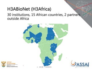 H3ABioNet (H3Africa)
30 institutions, 15 African countries, 2 partners
outside Africa
 
