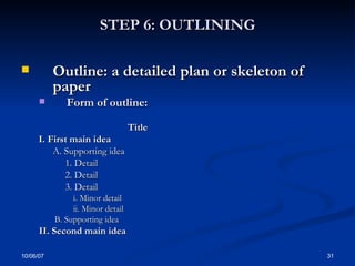 STEP 6: OUTLINING Outline: a detailed plan or skeleton of  paper Form of outline:   Title I. First main idea A. Supporting idea   1. Detail   2. Detail   3. Detail   i. Minor detail   ii. Minor detail B. Supporting idea II. Second main idea 
